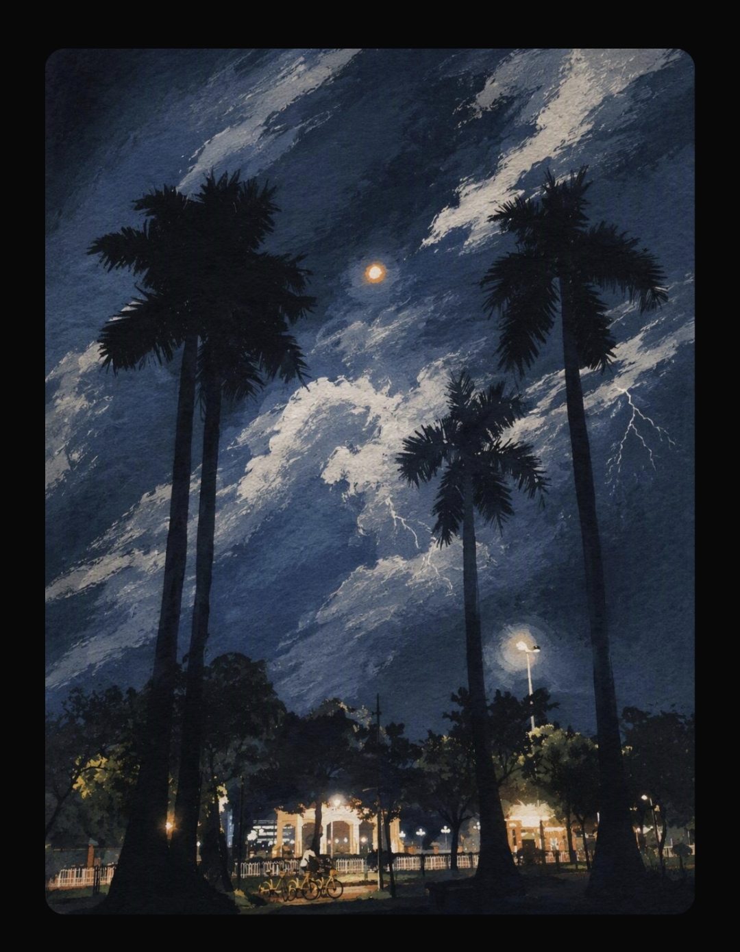 保留棕榈树与月光,以绘画笔触呈现疾行的云层和闪电
